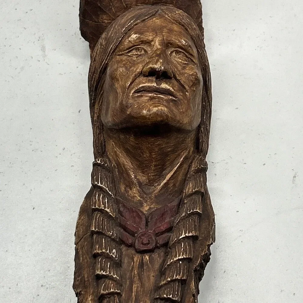 Vintage INDIAN CHIEF Wooden Sculpture‎ / Wall Art  Native American Made STAMPED